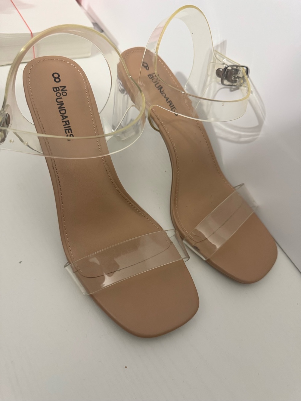 No Boundaries Clear Strap Tan Block Heel Sandals